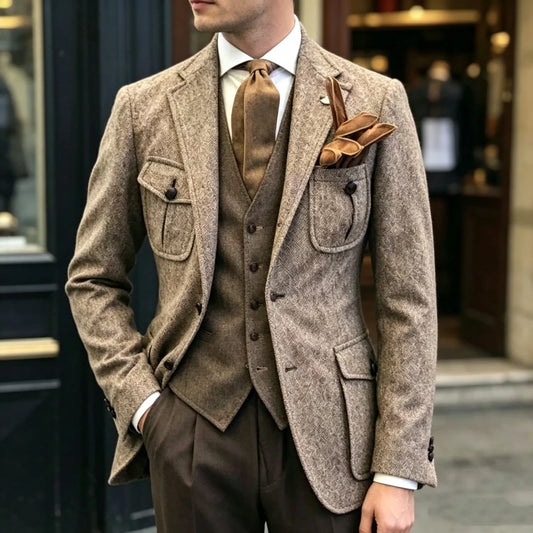 Men's Brown Herringbone Suit Slim Fit Single Breasted Blazer for Casual and Business Wear