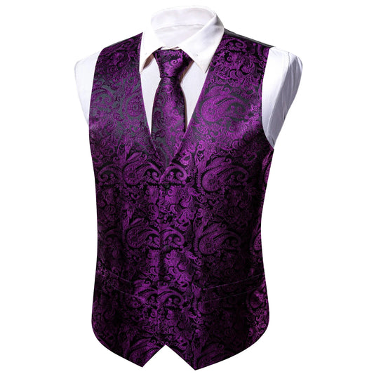 Men's Vest Paisley V-Neck Single Breasted Black & Bright Purple with Tie Pocket Square Cufflinks for Banquet & Party
