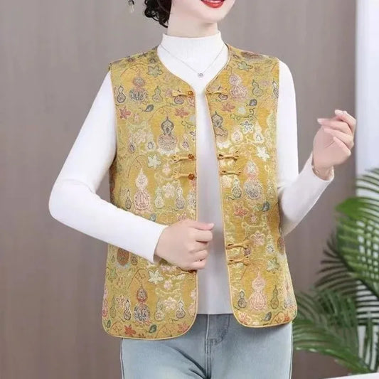 Middle Aged Mother O-Neck Vest Chinese Style Printed Sleeveless Jacket 5XL Large Size Ethnic Style Women Fashion Loose Waistcoat