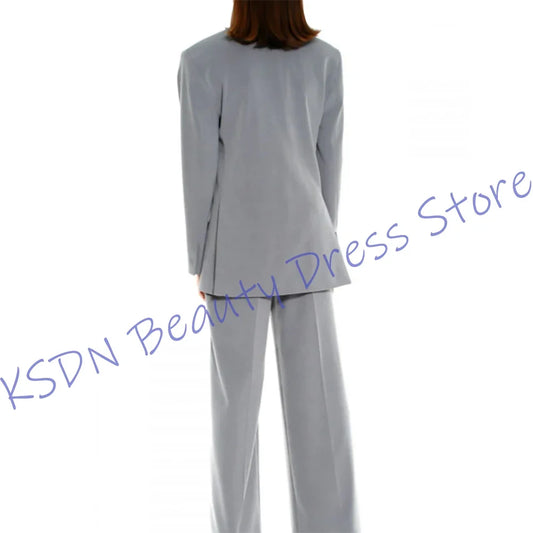 Minimalist Grey Women's Oversized Suit Relaxed Fit Jacket+Pants Two-Piece Set Office Lady Blazer Daily Casual Outerwears