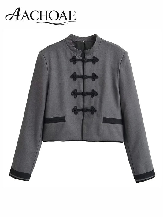 Women Cropped Blazer Chinese Frog Button Jacket Vintage Oriental Short Coat Office Lady Structured Jacket