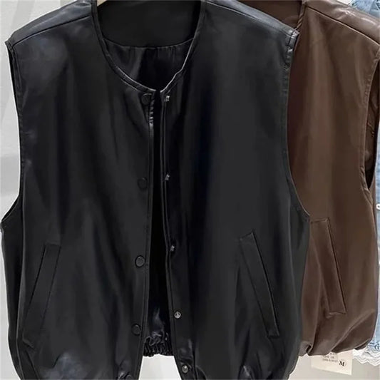 Spring Autumn Ladies Casual PU Leather Sleeveless Outwear Women Round Neck Vest Coat Korean Female Faux Leather Waistcoat Jacket