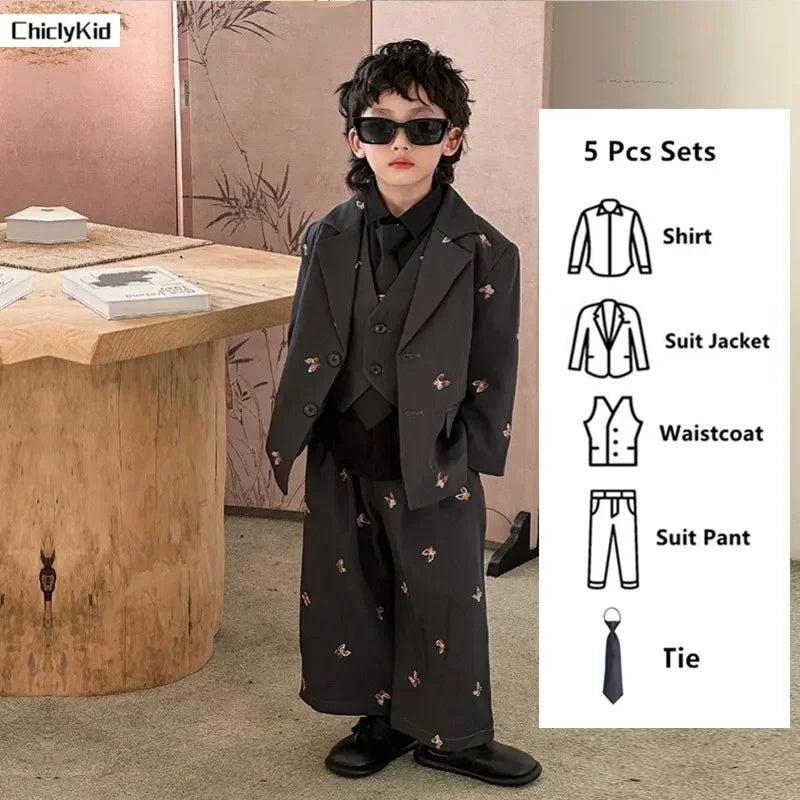 Boys Loose Blazer Jacket Waistcoat Pants Clothes Sets Kids Formal Dress Suits Casual Child Toddler Party Butterfly Leisure Suit
