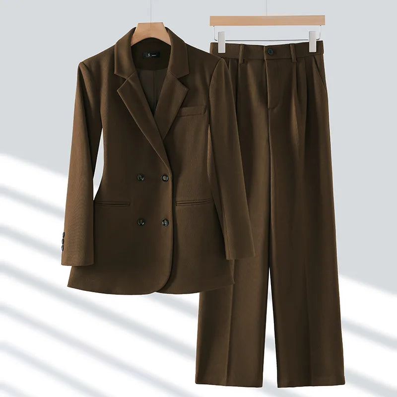 Autumn Winter 2024 New Apricot Coffee Black Elegant Double Breasted Blazer Top And Women High Waist Wide Leg Pant Two Piece Set