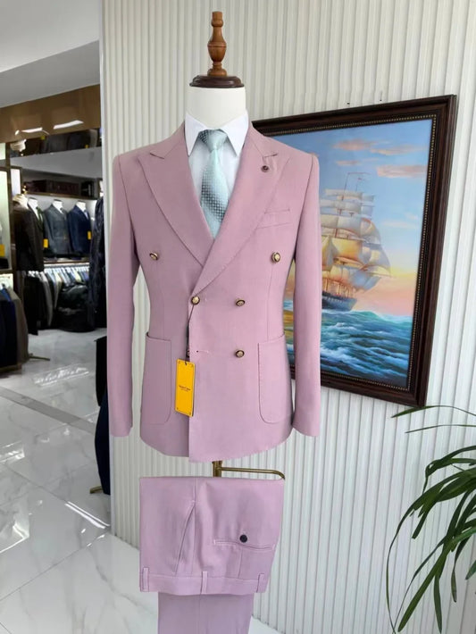 Men's Solid Suit Set 2 Pieces Jacket Pants Wedding Party Tuxedo Handsome Elegant Double Breasted Man Slim Fit Suits Business