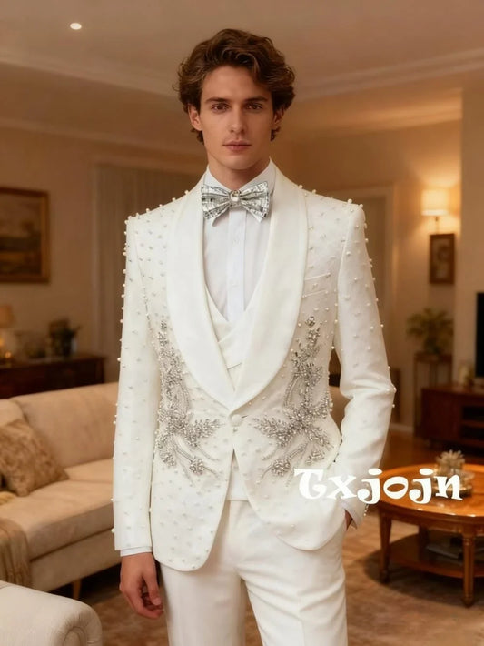 White Luxurious Pearls Suit Set 3 Pieces For Men Wedding Groom Sets Elegant Shawl Lapel Men's Suits Dancing Wear Party Tuxedo