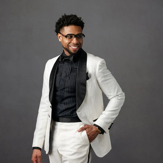 Jacquard Men's Suit 2 Pieces Blazer Pants One Button Black Sheer Lapel Business Slim Fit Formal Wedding Groom Costume Homme
