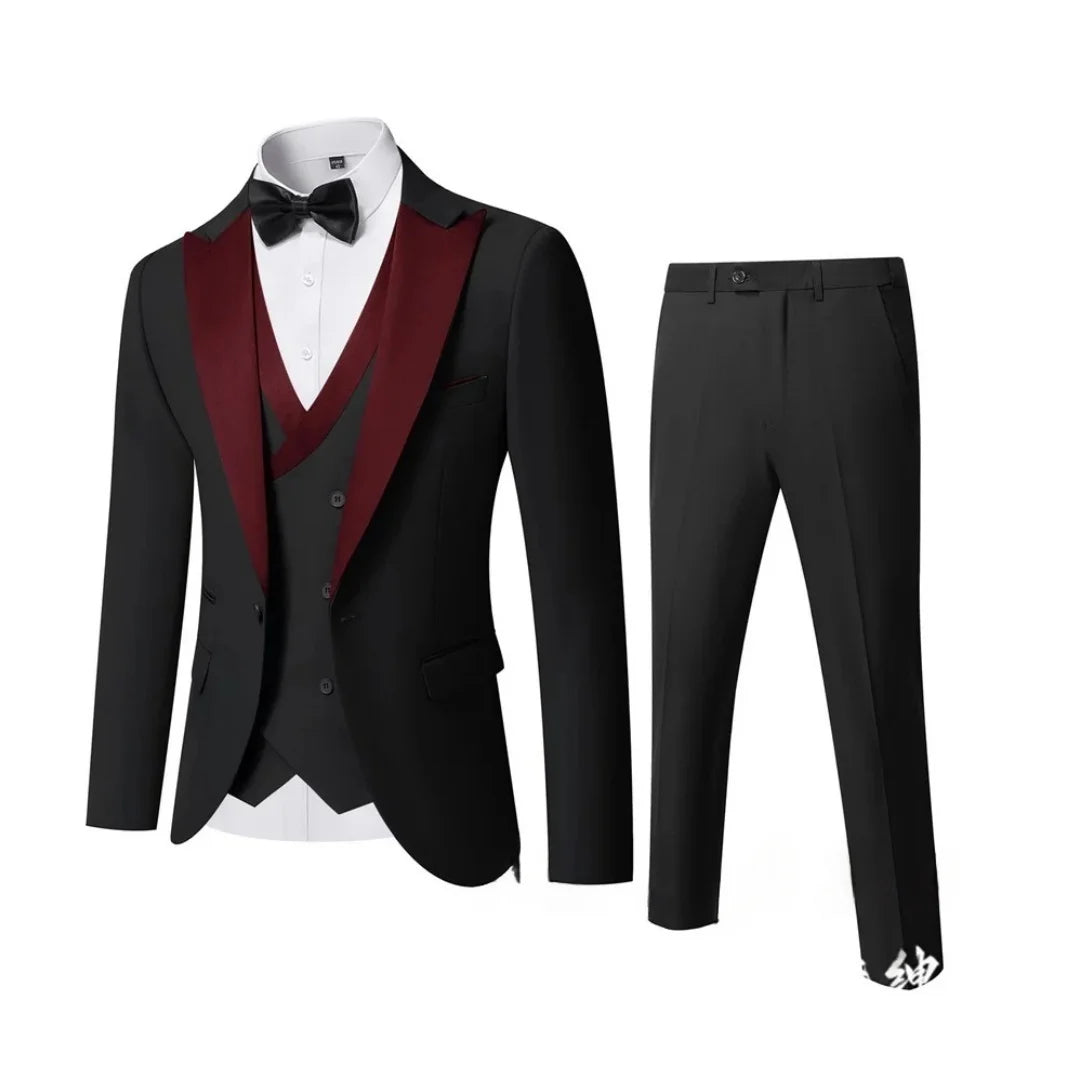 Men's 3 Piece Slim Fit Wedding Tuxedo Set Peak Lapel One Button Suit Jacket Double Breasted Vest Pants