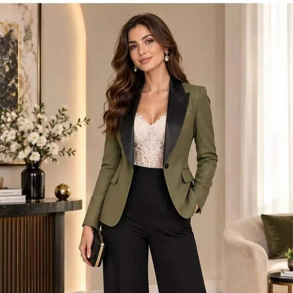 Army Green And Black Formal Business Women Suit Wedding Party Prom Ladies Mother Girl Tuxedos Costume 2 Piece Set Jacket Pants