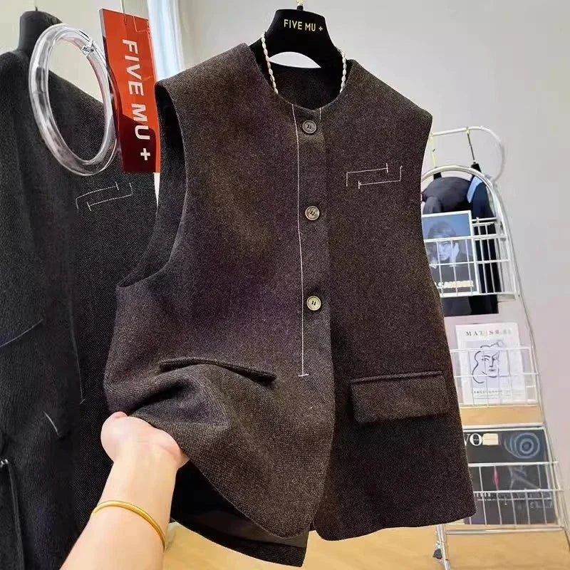 Spring Autumn Lady Fashion Sleeveless Jacket Women High End Casual Vest Outwear Korean Female Round Neck Cardigan Waistcoat Coat