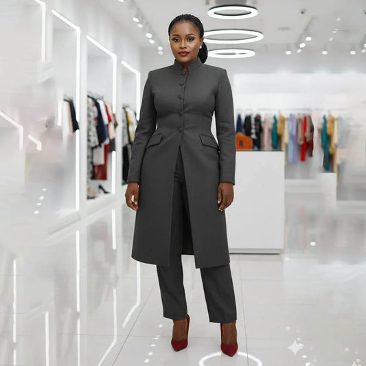 Women's Two Piece Suit Chic Mandarin Collar Outfit Longline Blazer and Pants Formal Business Casual Office Wedding Party Suits