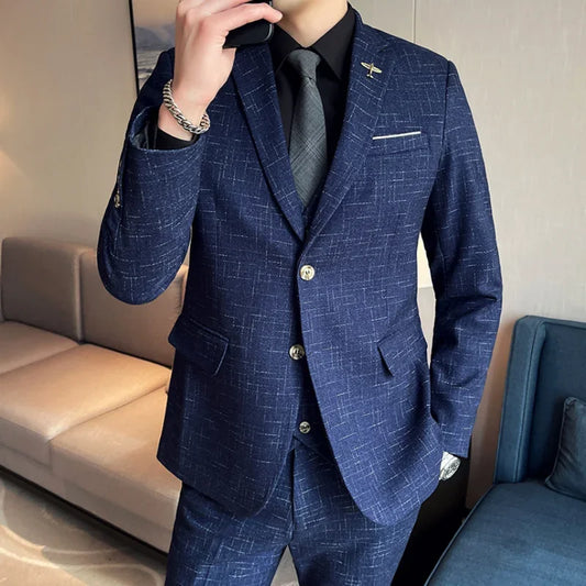 Men's Linen 3-Piece Slim Fit Suit | Blue & Beige | XS–6XL