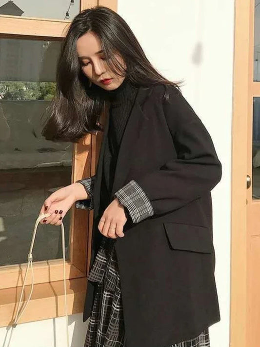 2025 Spring Autumn New Women's Blazer Korean Loose Fit Casual Versatile Patchwork Plaid Cuffs Drapey Mid Length