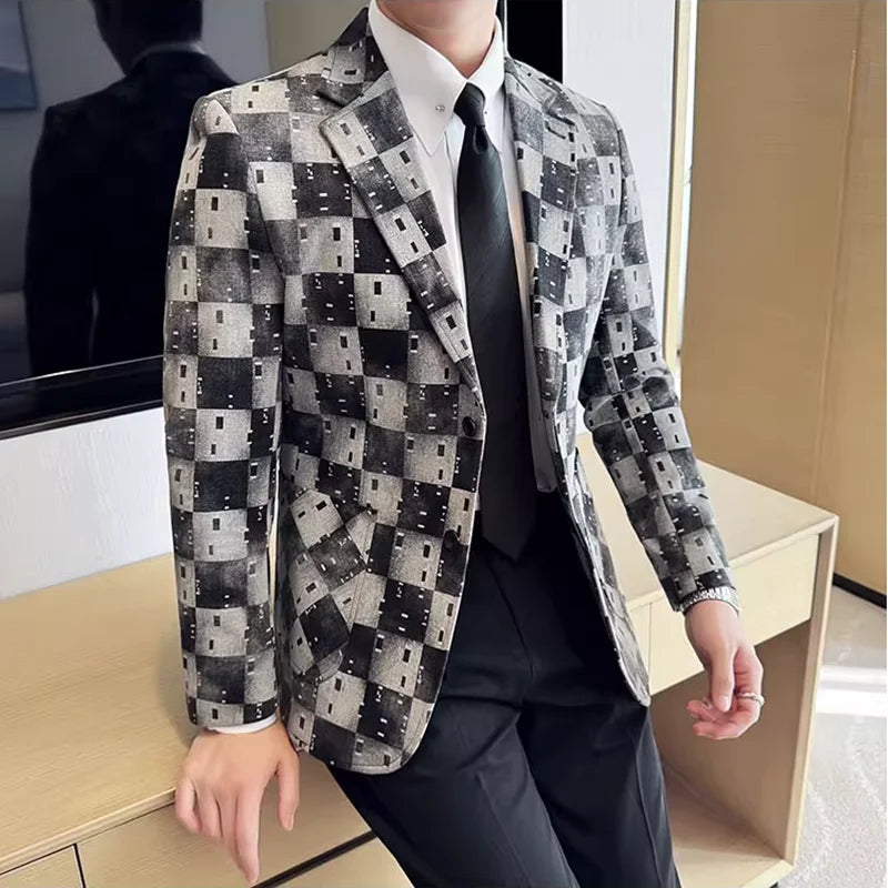 New High Qualitys Denim Jacquard Suit Jacket Men Slim Fit Business Social Formal Social Suit Coats Tailcoats Men Clothes 4XL-M