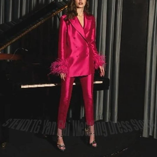Glamorous Feathers Slim Fit Women's Suits Two Pieces Elegant Double Breasted Peaked Lapel Modern Style Luxury Outfit Set