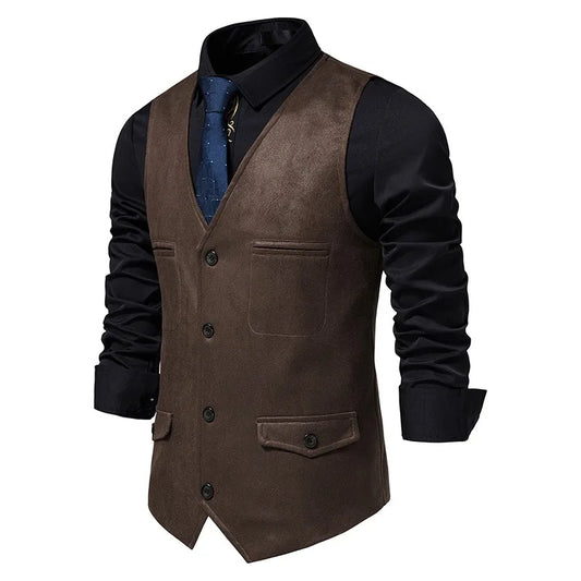 Men's Suede Vest Single Breasted V-Neck Waistcoat for Formal and Casual Wear