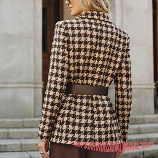 Brown Houndstooth Women's Suit Single Breasted Notch Lapel Vintage Plaid Beltless Jacket Office Streetwear 2Piece Set