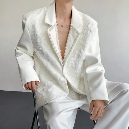 2025 Trendy Pearl Lace Flower Heavy-duty Suit Jacket Men Formal Wedding Dress Suit Jacket Celebrity Performance Costumes Blazers