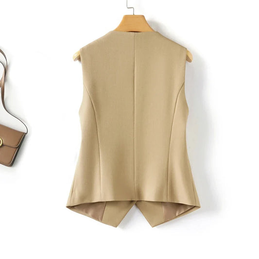 Khaki short square-neck single-breasted vest for women spring and autumn style elegant and mature look short outerwear vest