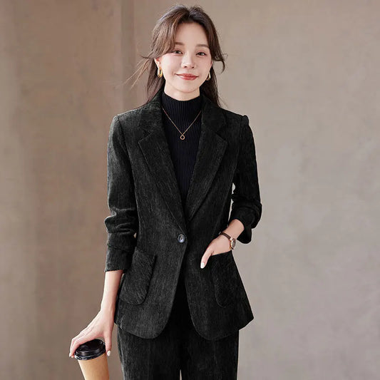 2024 Autumn New Corduroy Elegant Pant Suit Ladies Formal Business Work Wear 2 Piece Set Black Coffee Jacket Blazer And Trouser