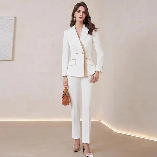 Elegant Ladies Formal Double Breasted Blazer Suit Pants Sets for Women 2 Pieces Trousers Matching Set Jacket Coat Outfit Autumn