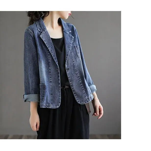 Women's Casual Denim Blazer Loose Fit Notched Lapel Single Button Jean Jacket