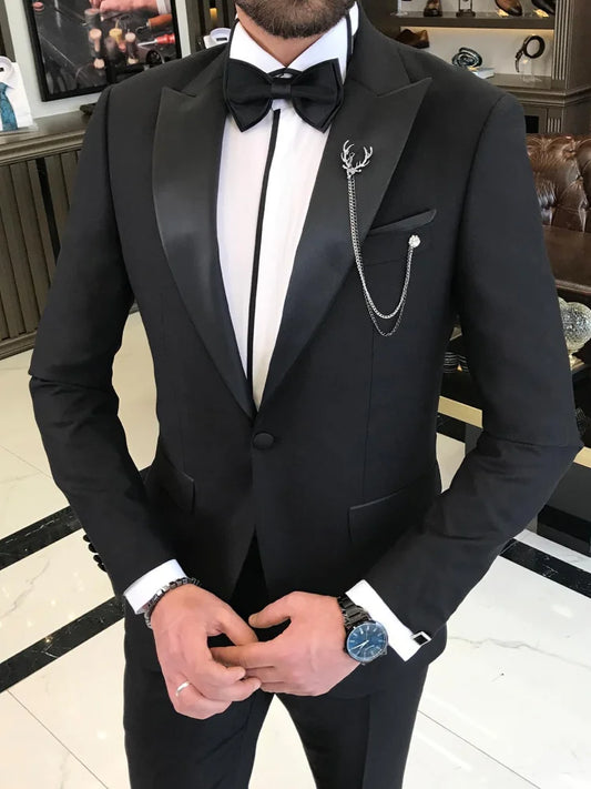 Men Suit 2 Piece Black With Bright Lapel Single Button For Wedding Banquet Birthday Party Business Office Daily Jacket And Pants