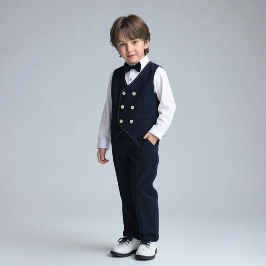 Gentlman Boys Formal Wedding Suit Set Kids Blazer Vest Pants Bowtie Brooch 5Pieces Clothes Set Children's Performance Costume