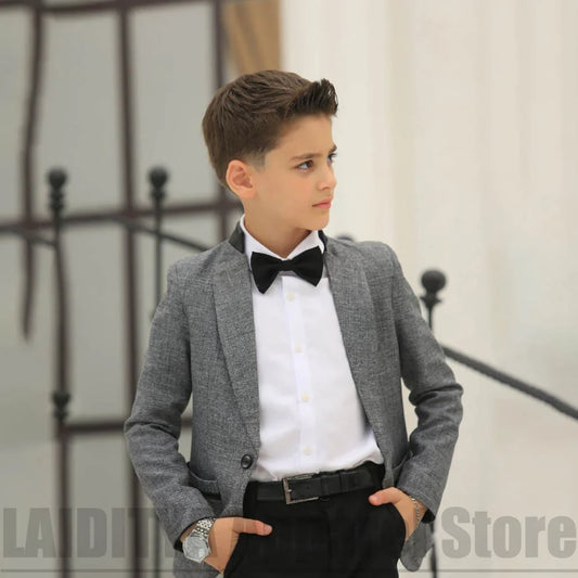Children Boys Two Piece Suit Textured Linen Blazer With Black Pants Formal Costume For Stage Show Birthday Wedding Daily Wear