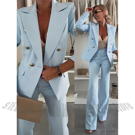 Chic Women's Light Blue Double Breasted Blazer Suit 2 Piece Peaked Lapel Tailored High Quality Formal Outfit Trouser Set Costume