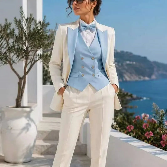 White And Sky Blue Formal Business Women Suit Wedding Party Prom Mother Girl Tuxedos Costume 3 Piece Set Blazer Vest Pants
