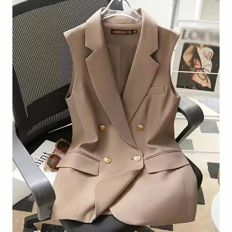 Fashion Leisure Double Breasted Buckle Suit Vest Jacket Women 2025 Spring Summer Lapel Shoulder Blazer Sleeveless Waistcoat Coat