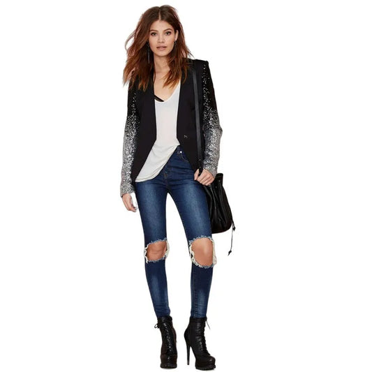 Shiny Sequin Suit Jacket Women's Slimming Elegant Ladylike Style Long Sleeve Commute Fashion Single Button Pure Color Coat