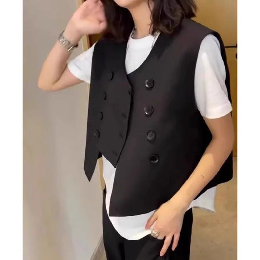 New Design Irregular Double Breasted Black Suit Vest For Women Korean Sleeveless Jacket Female Thin Lined Blazer Waistcoat Coat