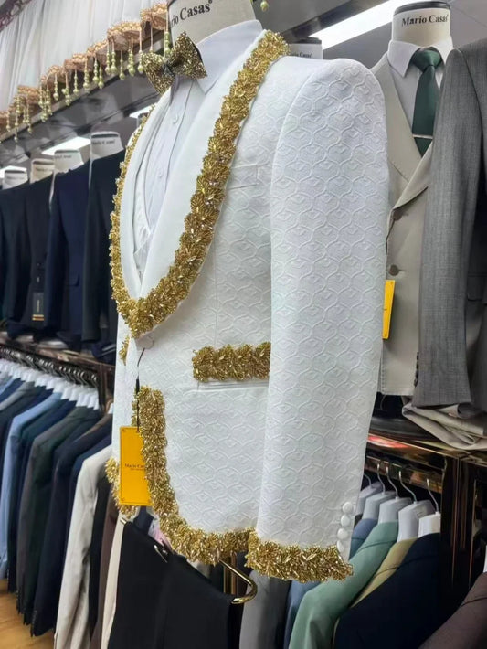 Man Golden Crystal Jacquard Suits 3 Pieces Party Prom Wear Handsome Elegant Shawl Lapel Tuxedo Wedding Groom Sets Chic Suit Set