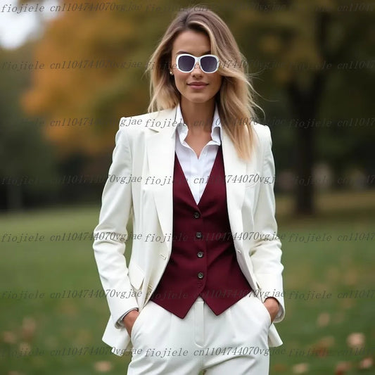 Burgundy And White Formal Business Women Suit Wedding Party Prom Ladies Mother Girl Tuxedos Costume 3 Piece Set Blazer Vest Pant