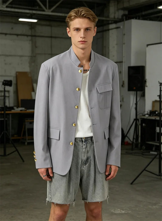 Men's Vintage Chinese Style Mandarin Stand Collar Blazer Loose Golden Metal Buttons Casual Coat For Business Daily Party Wear