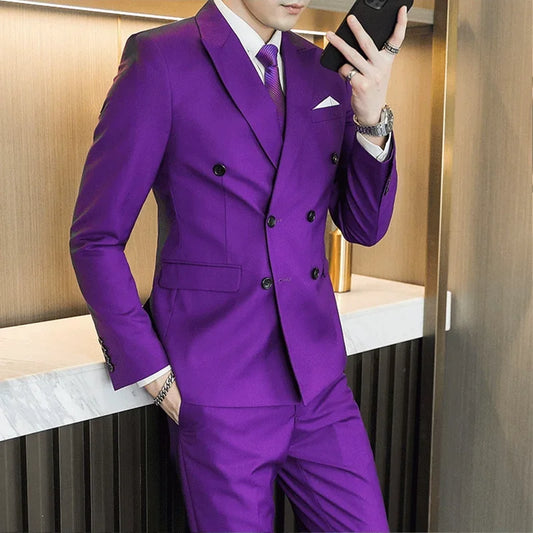 (Jacket+Pants) High Quality Solid Color Men Suits Fashion Double Breasted Wedding Stage Formal Slim Business Social DressSuit