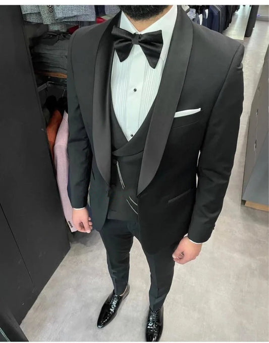 Black Shawl Lapel 3 Piece Slim Fit Men's Suit Set - Wedding Tuxedo Costume for Groom Prom Terno Masculino with Jacket Pants Vest