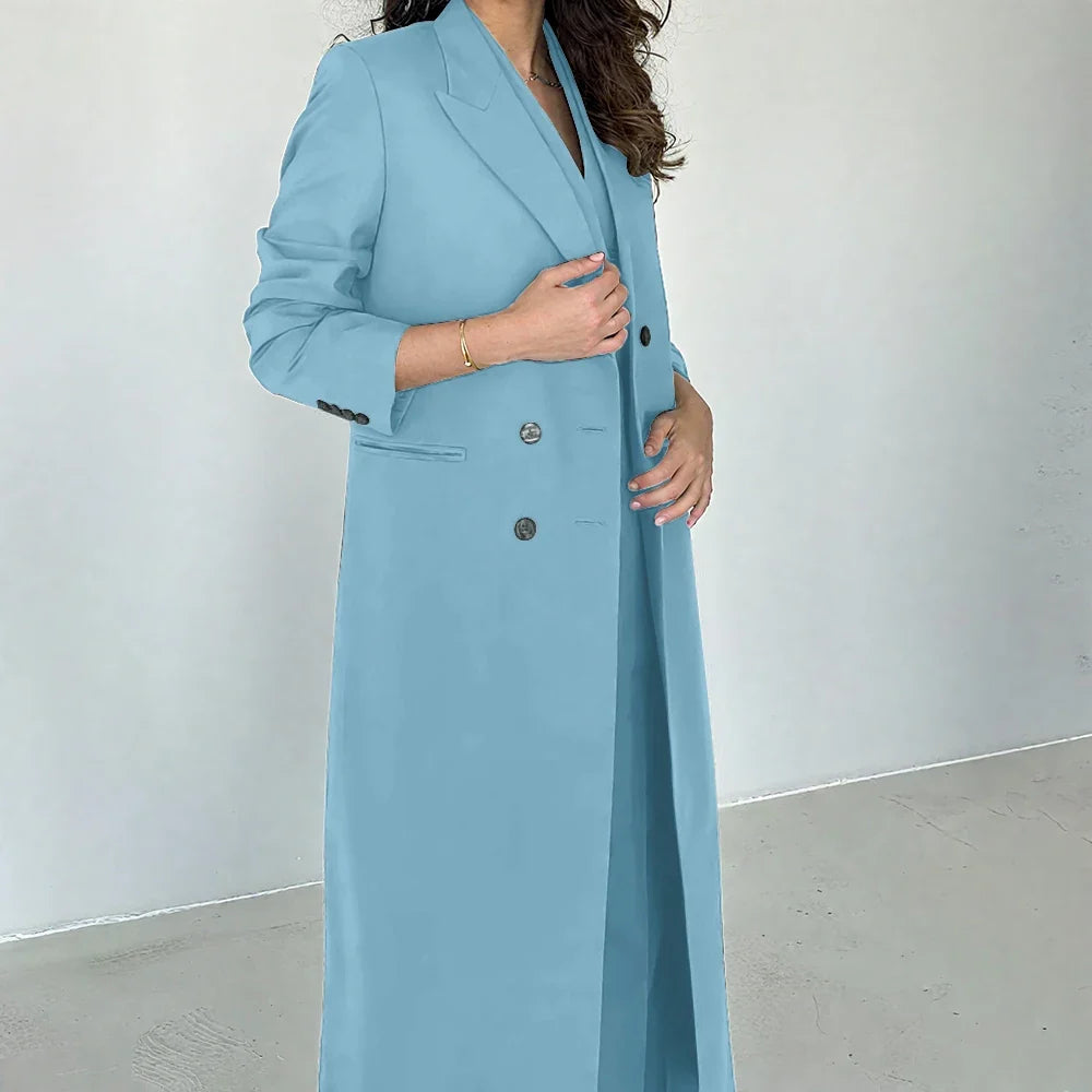 Gray Women Pants Sets 3 Piece Gorgeous Peak Lapel Double Breasted Solid Outfits Fashion Formal X-Long Suits (Blazer+Vest+Pants)