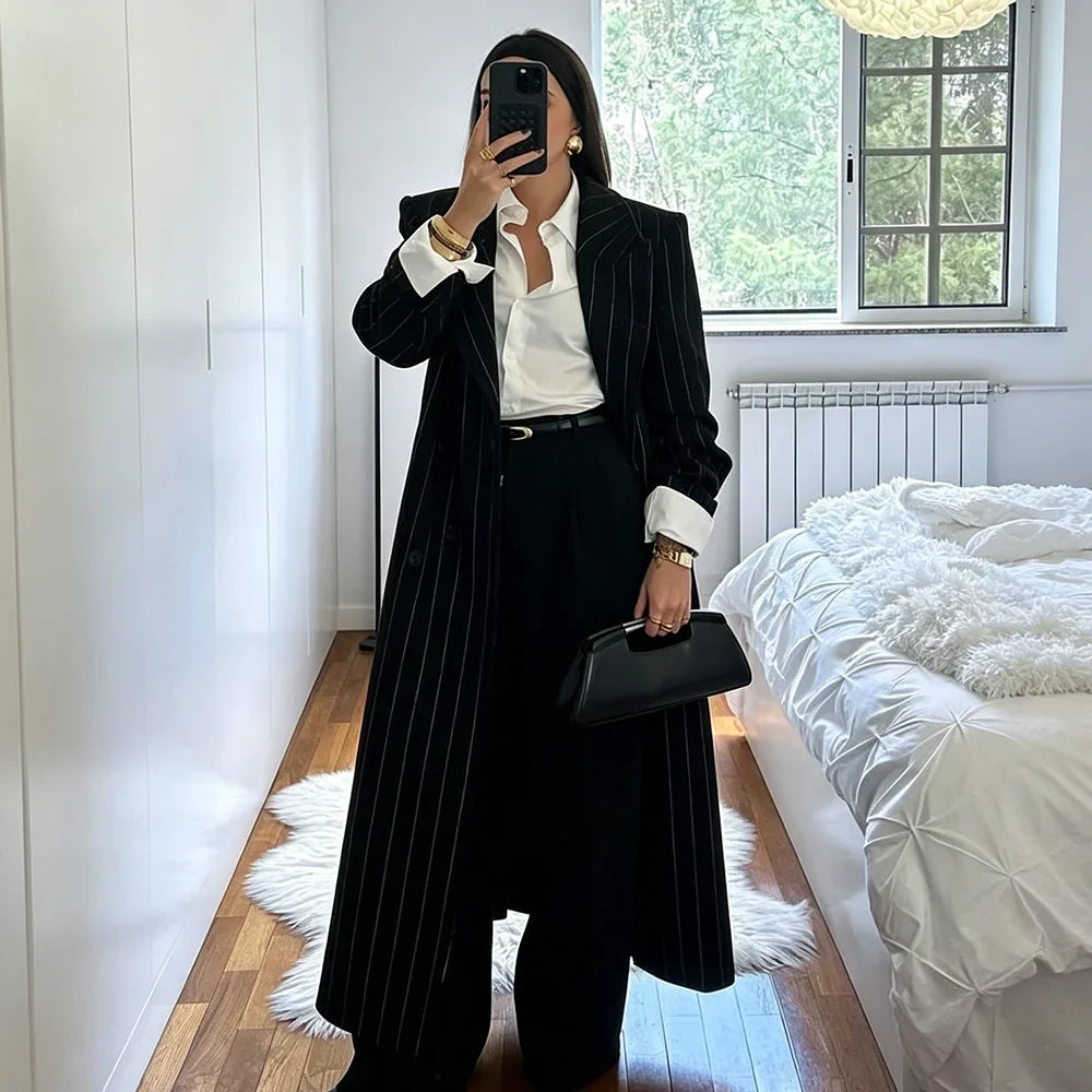 Stylish Women Black Striped Suit Double Breasted Oversized Long Jacket+Pants 2 Pieces Set Formal Party Female Power Outerwears