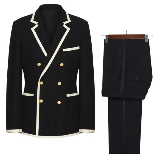 Men's Double Breasted Suit White Edge Notch Lapel Wedding Tuxedo 2-Piece Set