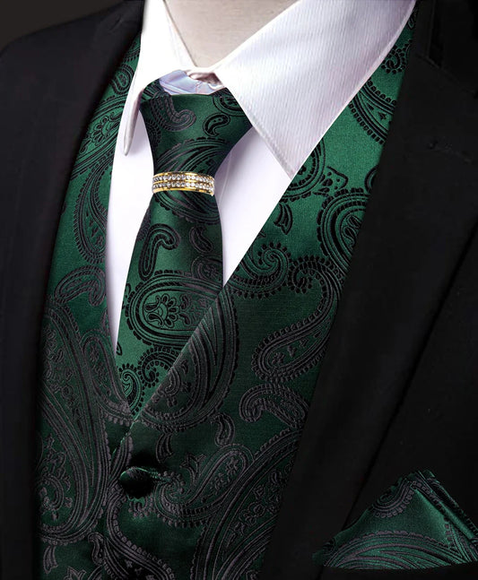 Men's Paisley V-Neck Waistcoat 5-Piece Set Dark Green Wedding & Banquet Vest with Tie, Pocket Square, Cufflinks & Ring