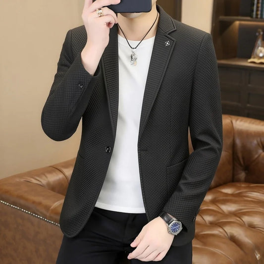 Men's Slim Fit Plaid Blazer Single Breasted Smart Casual Suit Jacket