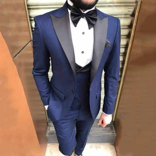 Blue 3-Piece Men's Formal Suit for Wedding Sim Fit Groom Tuxedo with Smoking Jacket Vest And Peaked Lapel Custom Costume