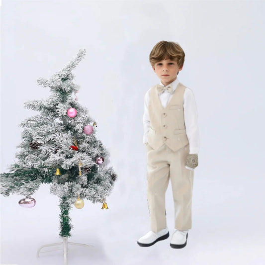 Gentleman Boys Suit Set Kids 5Pieces Wedding Outfit With Jacket Vest Pants Bowtie Brooch Children's Piano Performance Blazer Set
