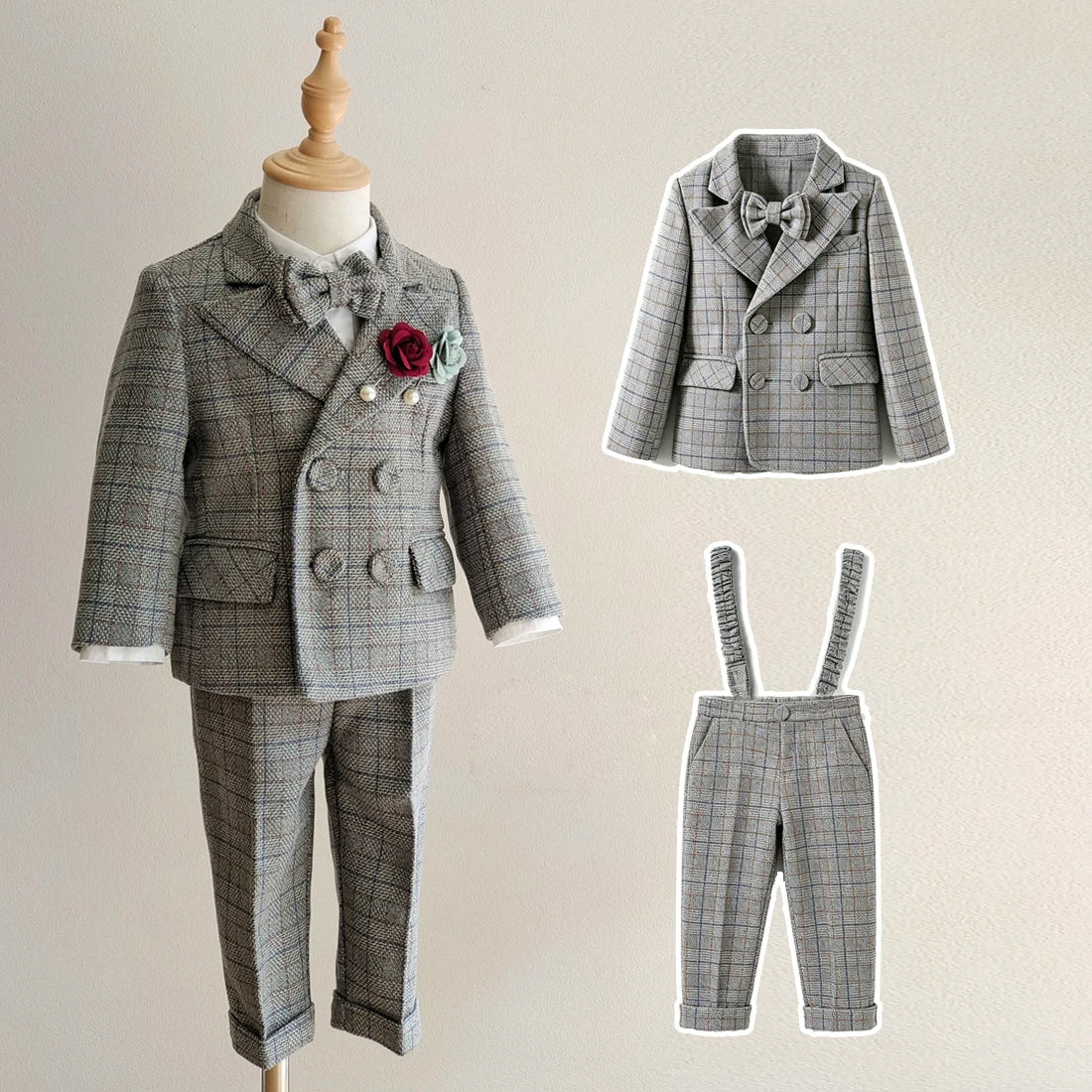 Kids Boys Gentleman Plaid Suit Outfit Jacket Pants Suspenders Bow Tie Formal Wedding Party Photograph Costume for Baby Boy Cloth