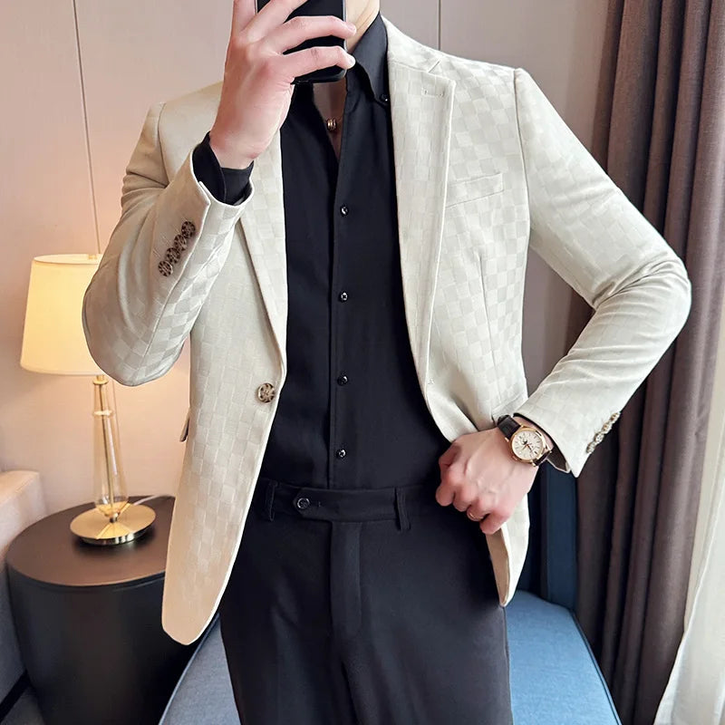 2024 Spring Plaid Blazers Men Single Breasted Casual Business Suit Jacket Fashion Slim Social Banquet Wedding Groom Dress Coats
