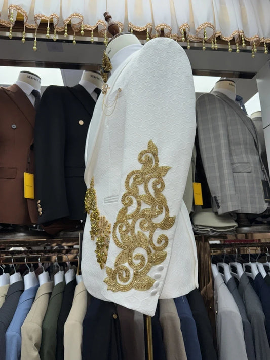 New Arrival Golden Beaded Men's Suits 3 Pieces Wedding Groom Sets Ellegant Jacquard Suit Set For Men Banquet Party Tuxedo