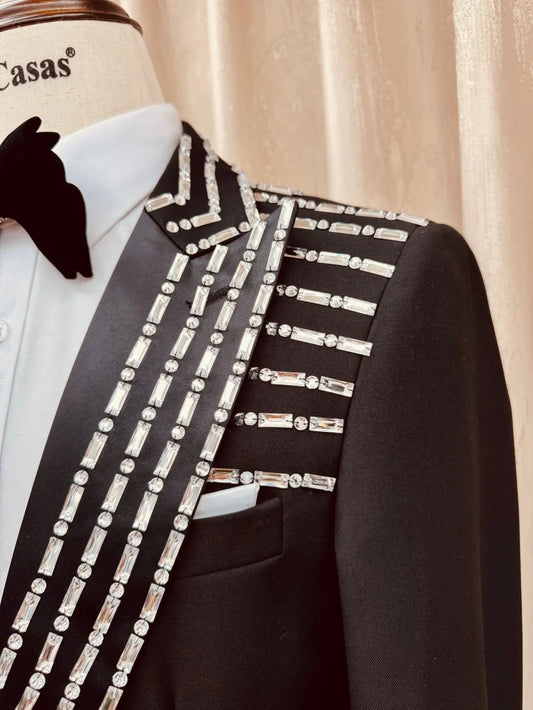 Fashion Crystal Men's Suits 3 Pieces Wedding Party Wear High Quality Man Peak Lapel Suit Set Stage Performance Costumes S-3XL